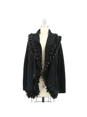 NWT Badgley Mischka Black Real Fox Fur Trim Wool Cardigan Sweater Wrap O/S
